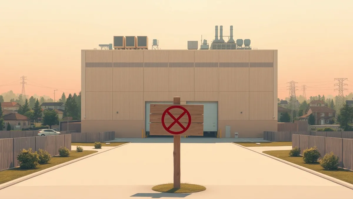 Illustration: A massive, windowless beige warehouse dominates a suburban landscape, its roof cluttered with industrial ventilation units and cooling towers.