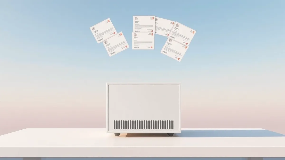 Illustration: A sleek, generic server unit sits on a clean white table.