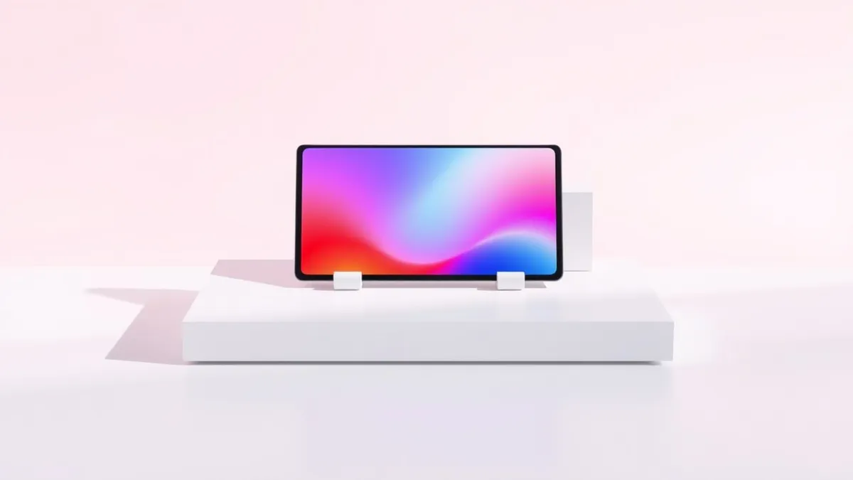 Illustration: A small tablet with a vibrant OLED screen rests on a clean white surface, casting a soft, colorful glow that highlights its thin bezels.