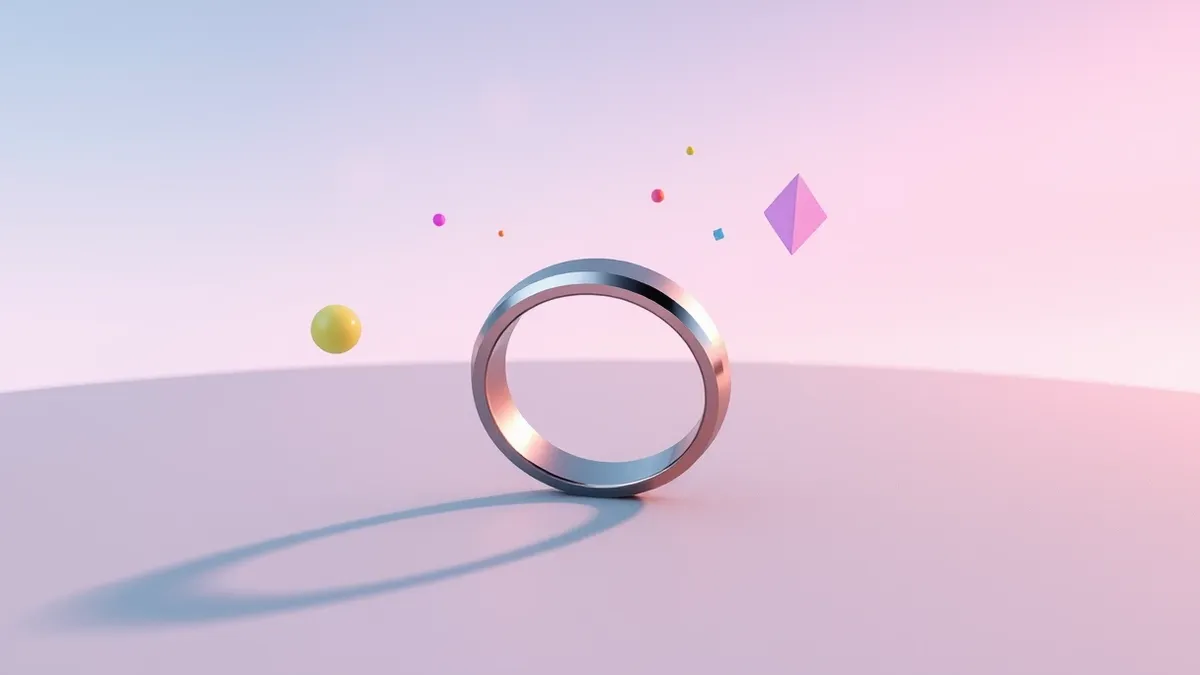 Illustration: A sleek metallic smart ring rests on a matte surface, surrounded by floating translucent geometric shapes that represent abstract health metrics.