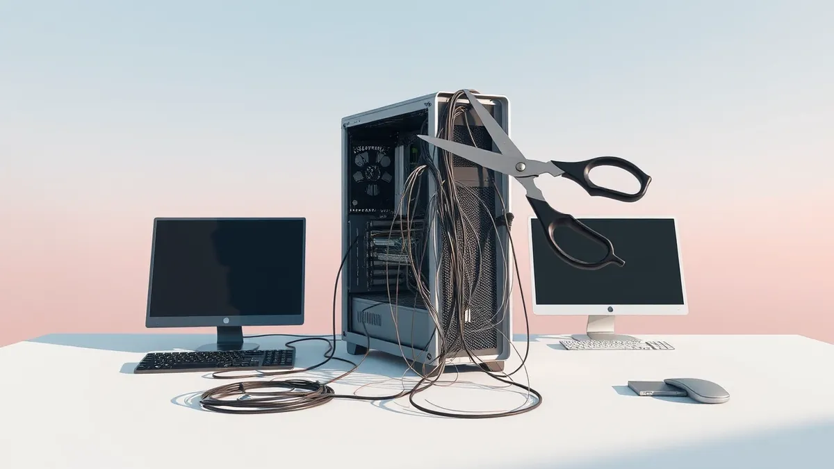 Illustration: A solitary computer tower sits on a stark white desk.