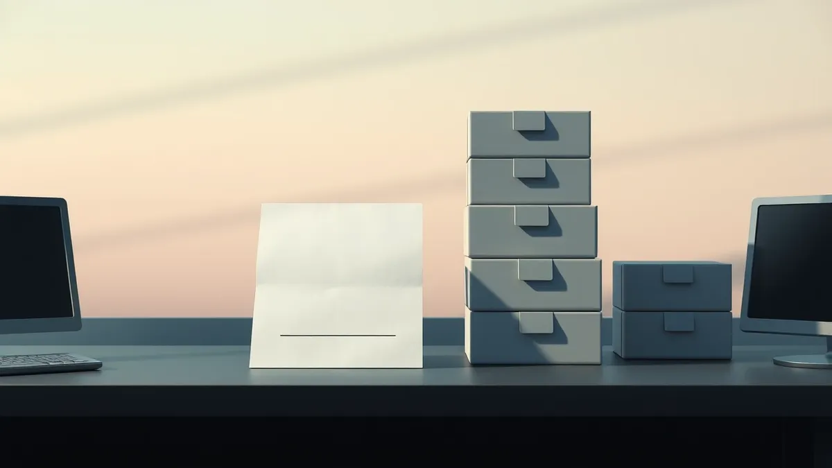 Illustration: A signed paper document sits on a desk next to a stack of empty cash boxes.