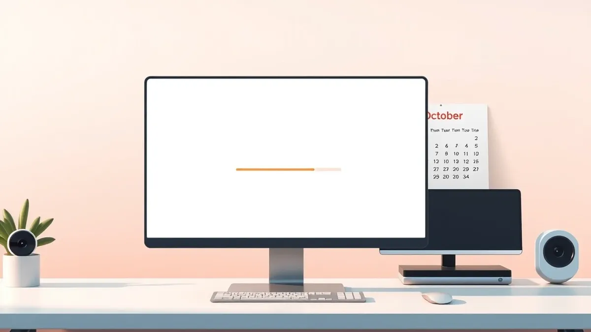 Illustration: A sleek desktop monitor displays a blank, minimalist update interface on a clean desk, with a single progress bar nearing completion.