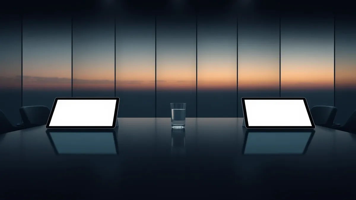 Illustration: A sleek dark conference table in a dimly lit room holds two blank tablets and a glass of water.