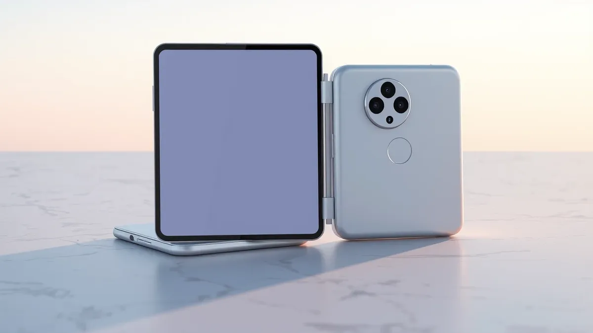 Illustration: A sleek white foldable smartphone rests open on a marble surface, its hinge gleaming under soft studio lighting.