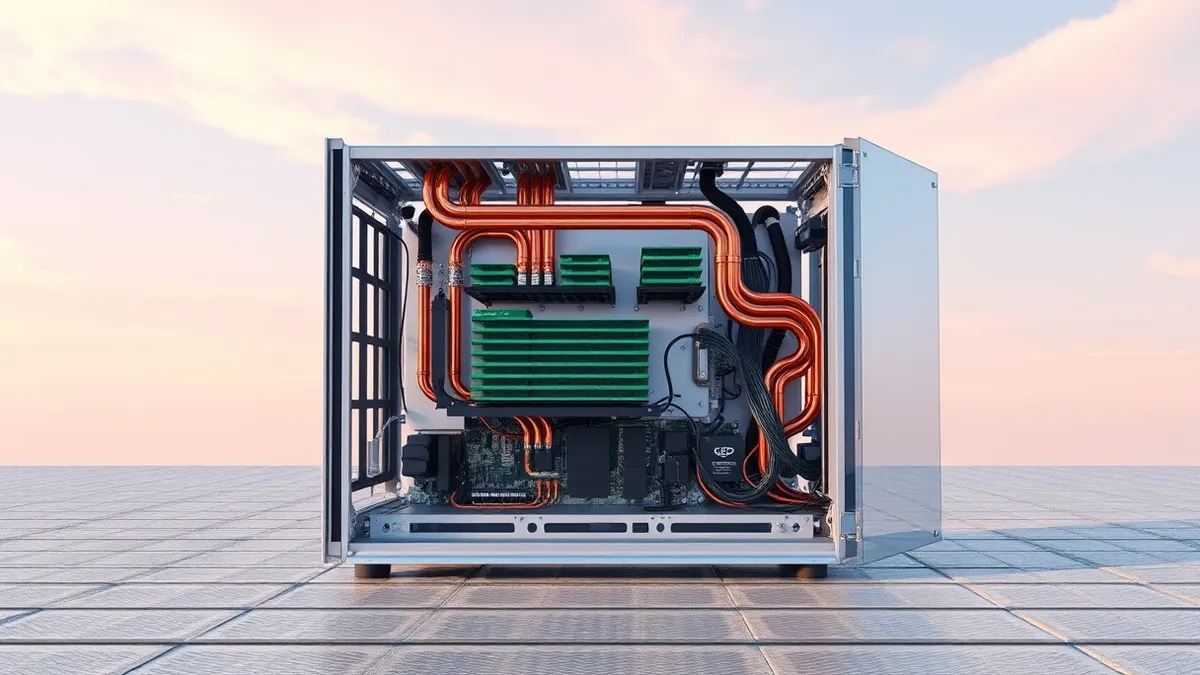 Illustration: A sleek open-frame server chassis sits on a metal floor, revealing intricate copper cooling pipes and stacked green circuit boards inside.