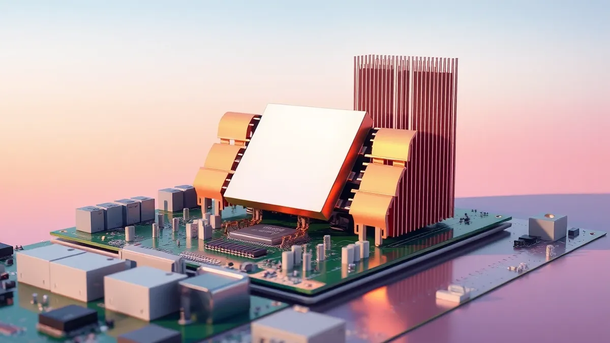 Illustration: A square silicon chip sits on a metallic circuit board with large copper heat spreaders attached to its surface.