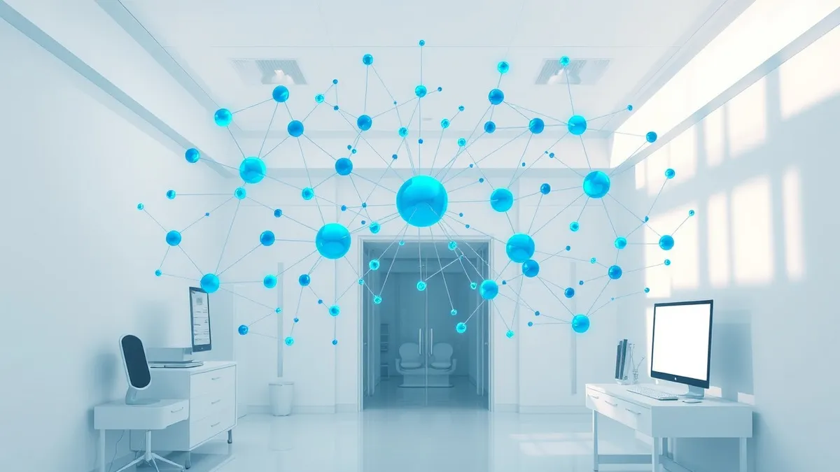 Illustration: A complex web of glowing blue nodes and connecting lines floats in a sterile white medical room, mapping relationships between abstract biological shapes.
