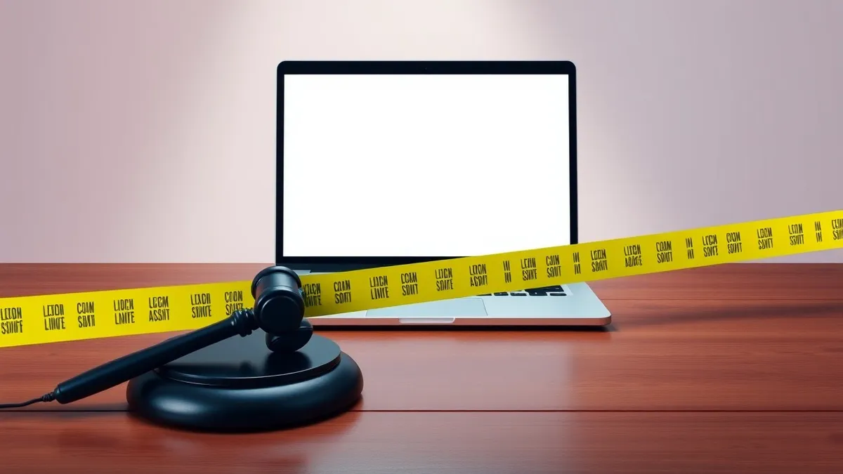 Illustration: A sleek silver laptop rests on a polished wooden desk next to a heavy black gavel.