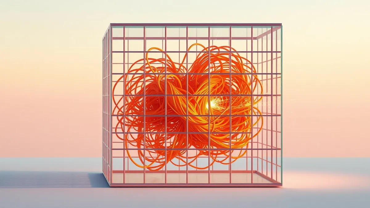 Illustration: A tangled knot of glowing orange wires pulses erratically inside a transparent glass cube.
