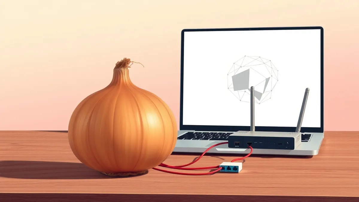 Illustration: An onion sits on a wooden desk next to a laptop computer.