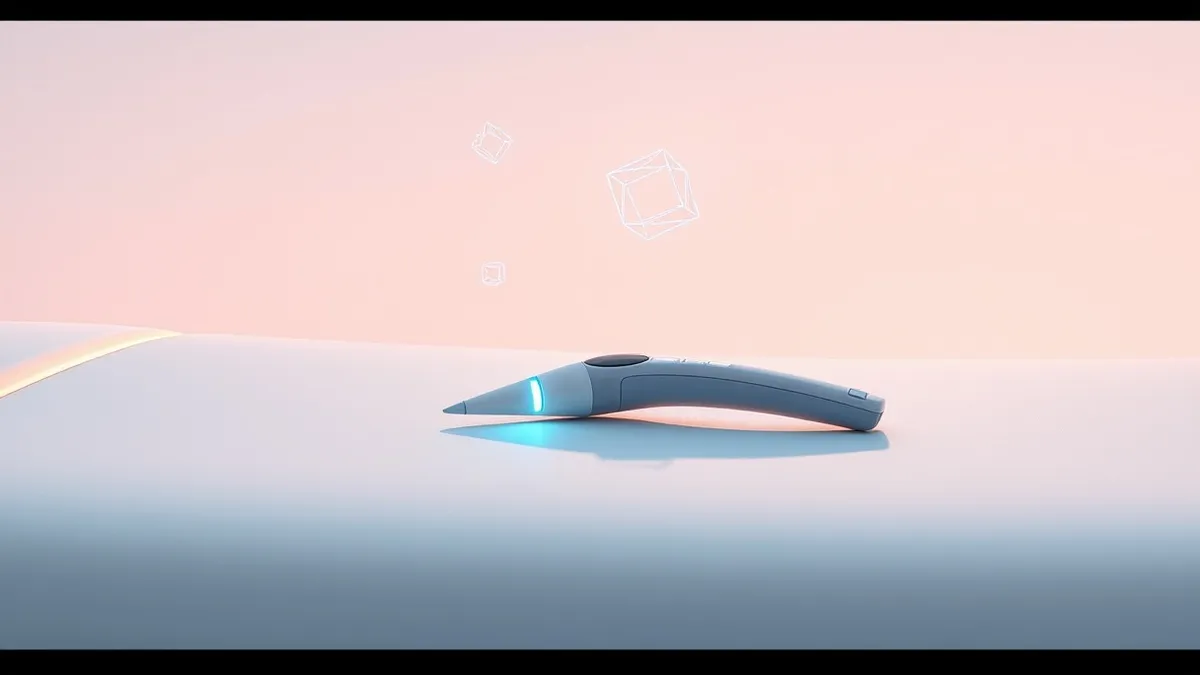Illustration: A sleek handheld ultrasound probe rests on a sterile white medical examination table.