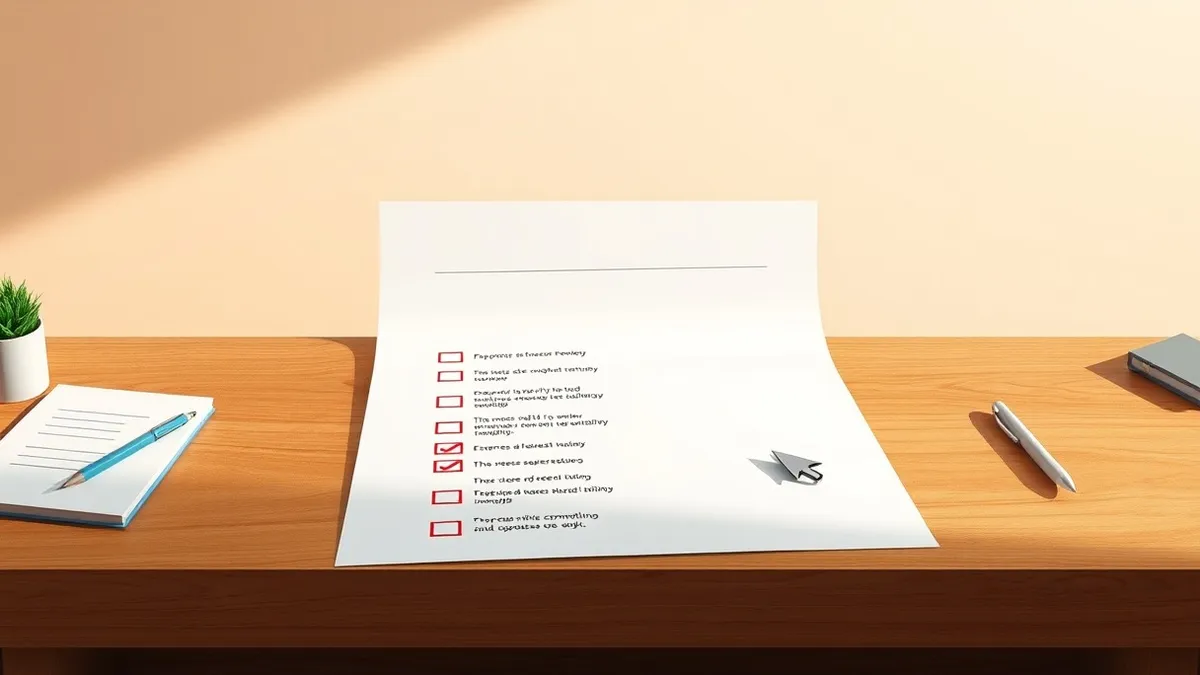 Illustration: A printed performance review sheet lies flat on a wooden desk.