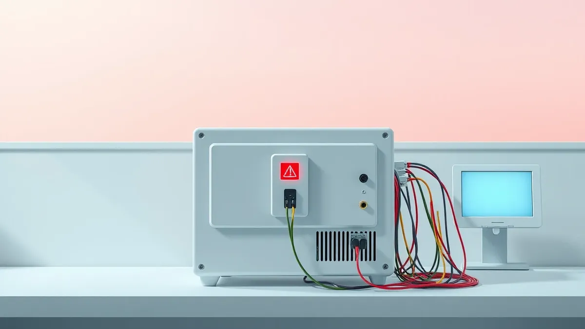 Illustration: A sleek white electronic test fixture sits on a clean laboratory bench, its front panel displaying a single, ominous red warning light.