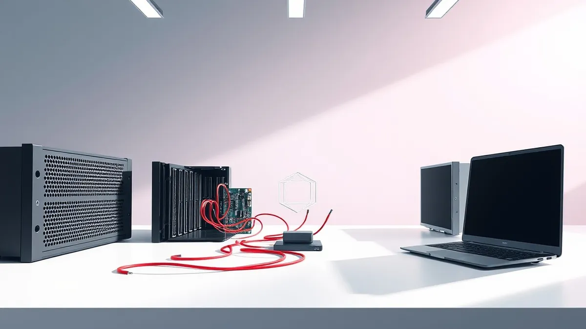 Illustration: A sleek black server blade sits open on a clean white desk.