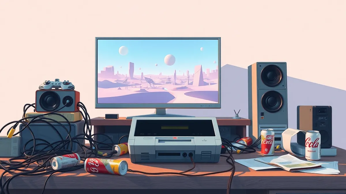 Illustration: A vintage gaming console sits on a cluttered wooden desk, surrounded by tangled cables and empty soda cans.
