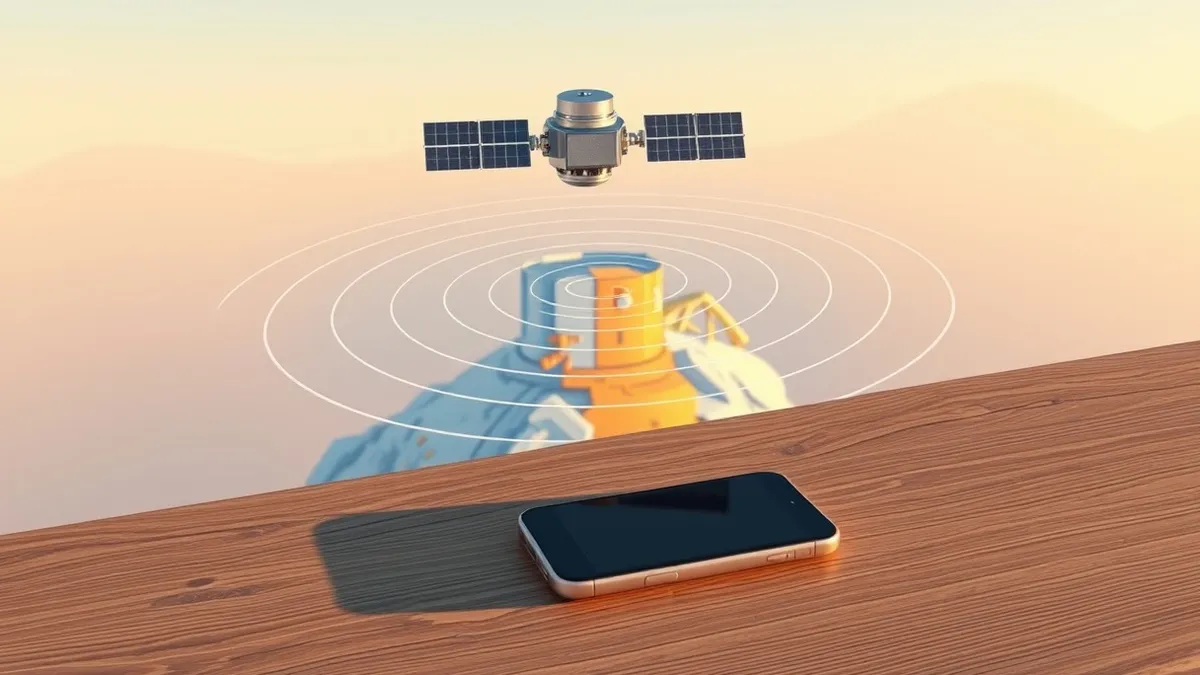 Illustration: A sleek metallic satellite hovers above a stylized globe, emitting concentric rings of invisible signal waves.