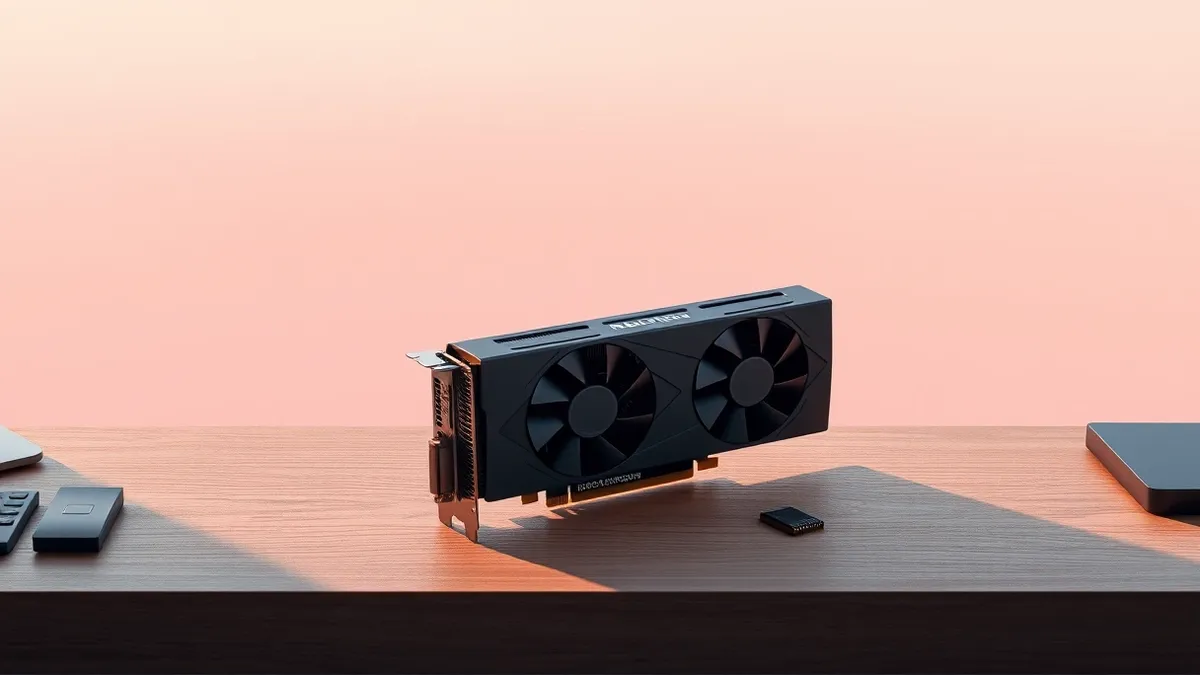 Illustration: A sleek black graphics card rests on a wooden desk next to a small silver microchip.