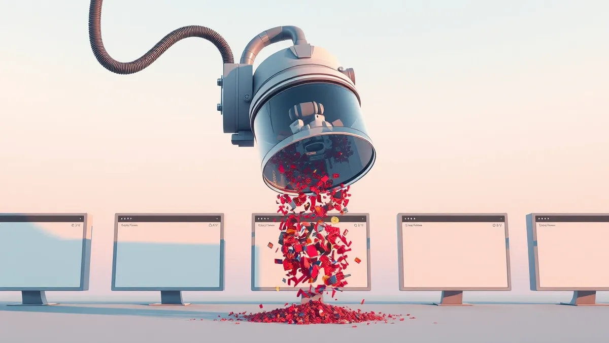 Illustration: A massive mechanical vacuum cleaner hovers over a row of generic website windows, sucking up scattered pixels and abstract shapes into its translucent collection tank