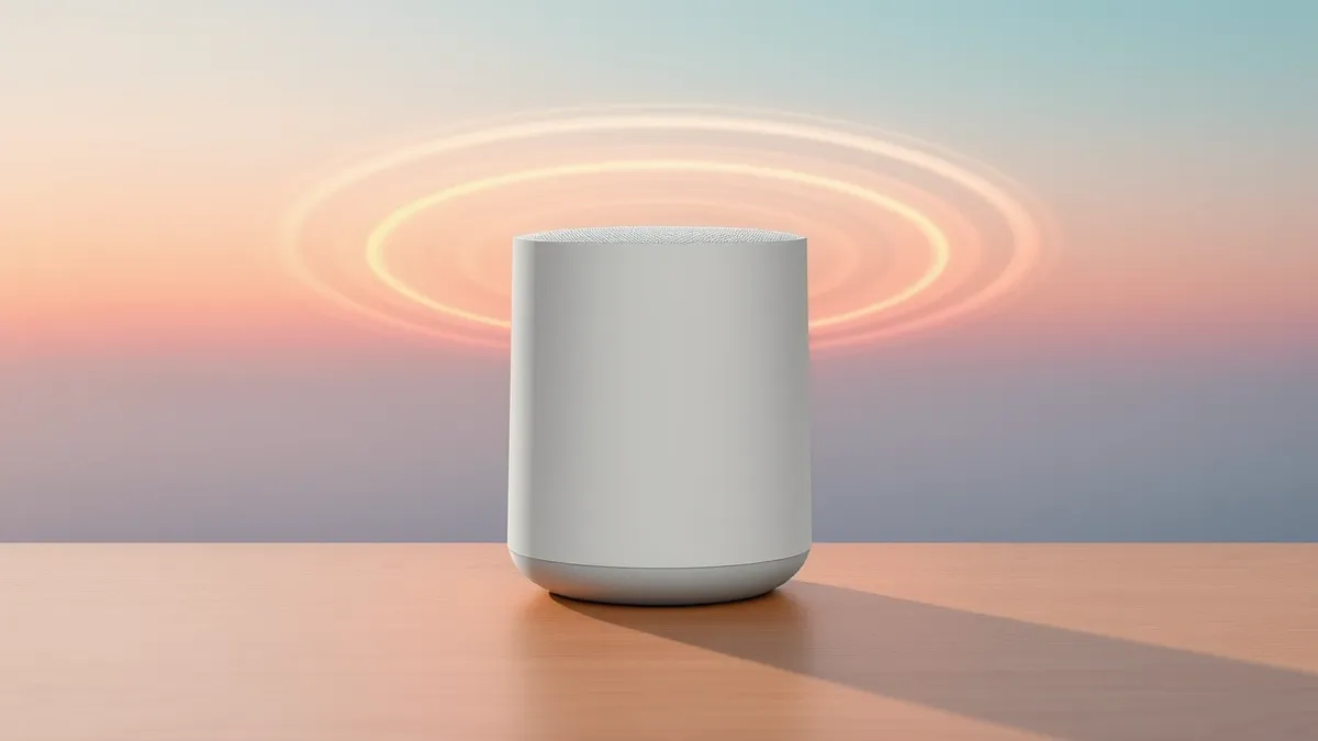 Illustration: A sleek white cylindrical smart speaker sits on a minimalist wooden table.