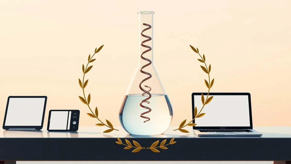 Illustration: A glass laboratory flask sits on a steel workbench, filled with clear liquid and two twisted spiral rods that mirror each other like left and right hands.