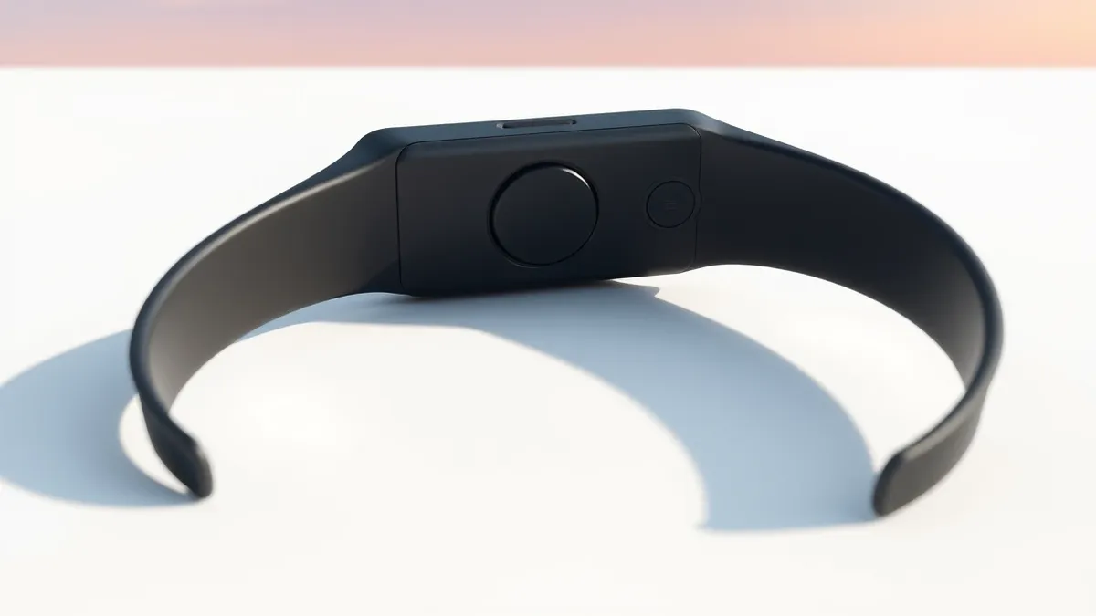 Illustration: A sleek, curved wristband with a matte black strap rests on a clean white surface, featuring a prominent circular sensor on the underside but completely lacking a dis