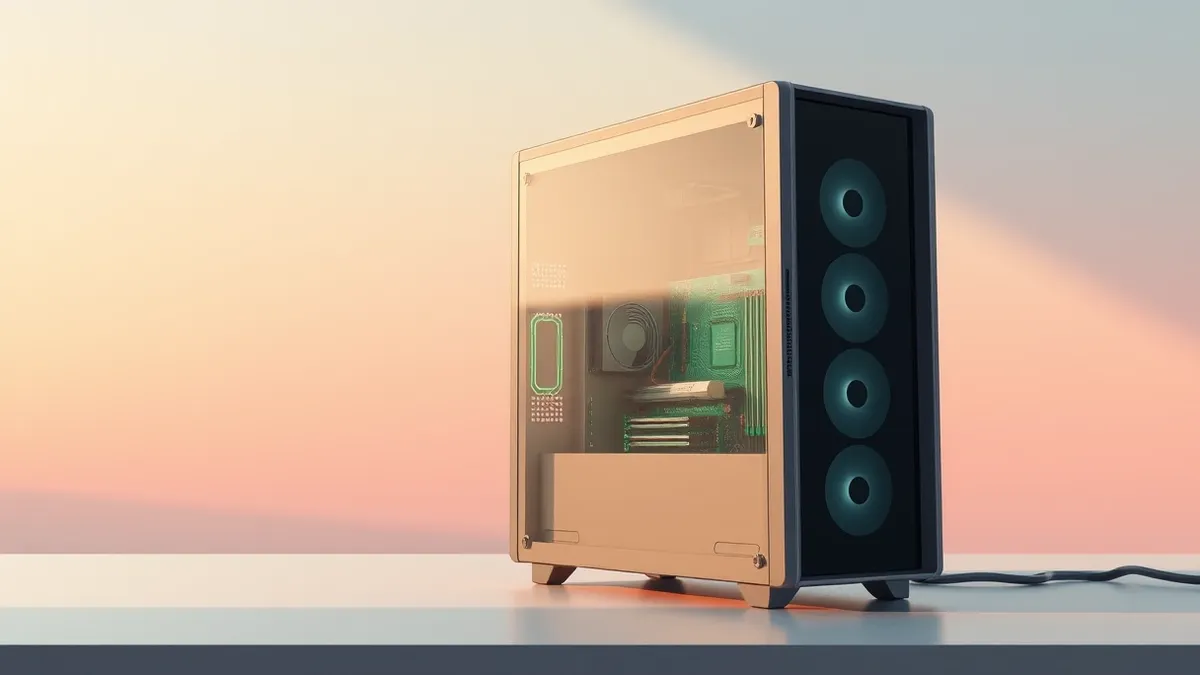 Illustration: A sleek tower computer sits on a clean desk with its side panel open, revealing a green motherboard with multiple processor slots and expansion cards.