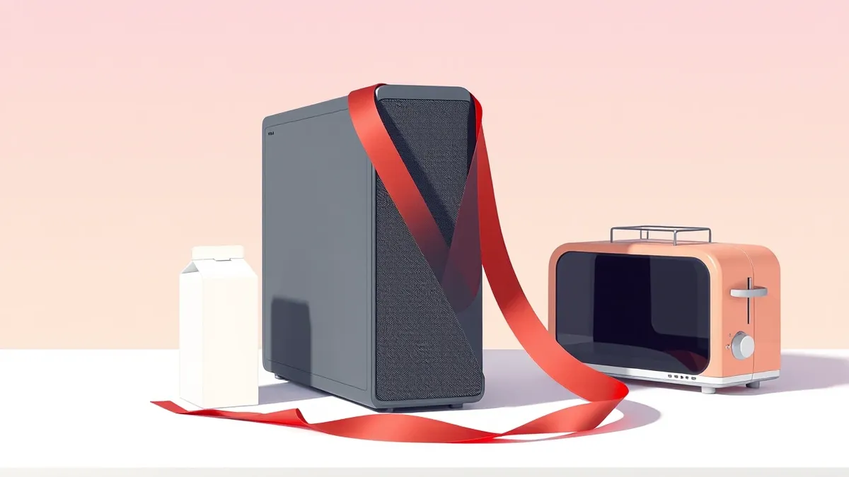 Illustration: A sleek server tower sits next to a carton of milk and a toaster on a clean white table.