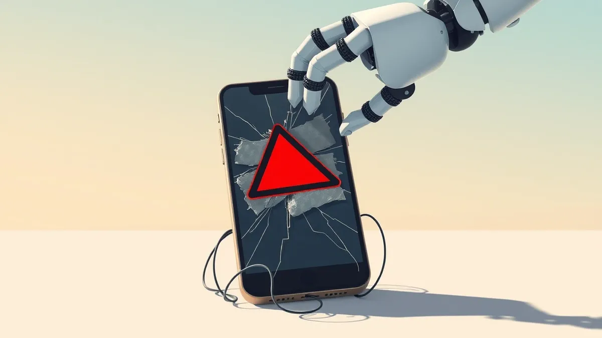 Illustration: A cracked smartphone screen displays a red warning triangle, while a robotic arm awkwardly applies a jagged, mismatched patch of duct tape over the fracture.