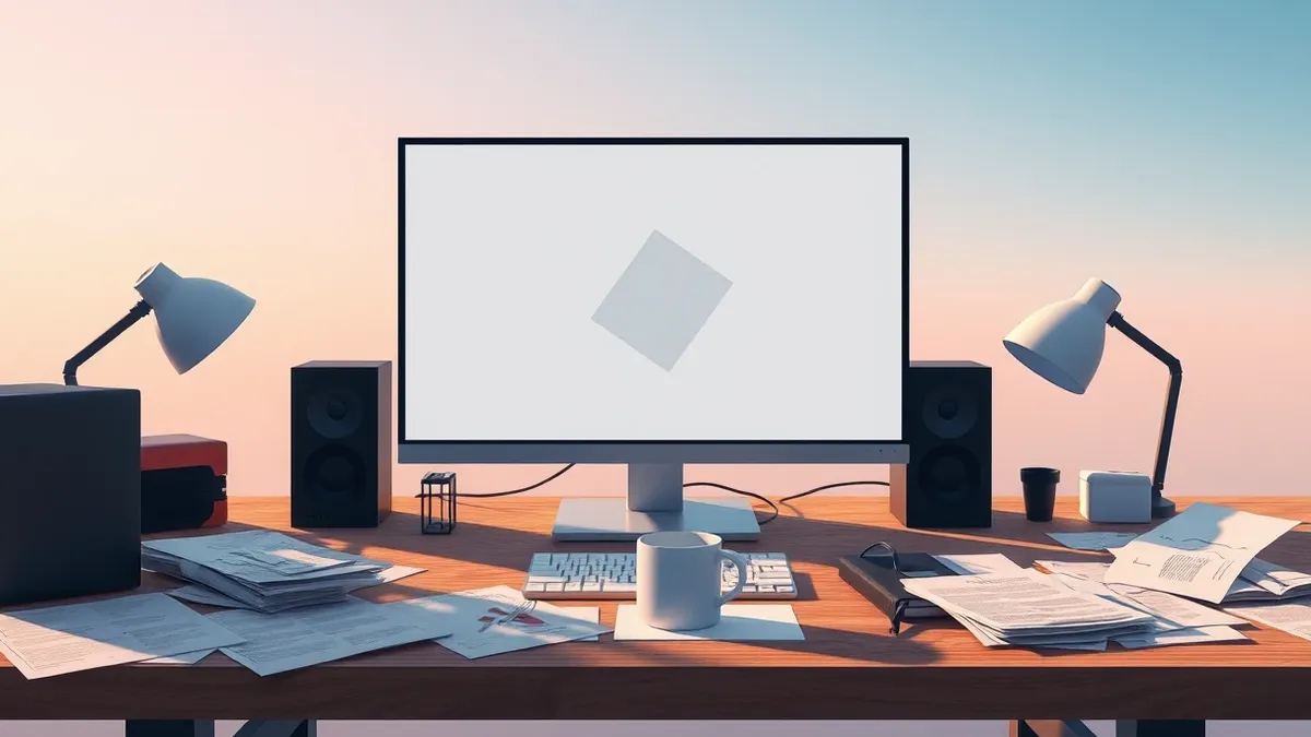 Illustration: A security professional’s desk features a blank monitor displaying abstract geometric shapes, surrounded by scattered papers and a coffee mug.