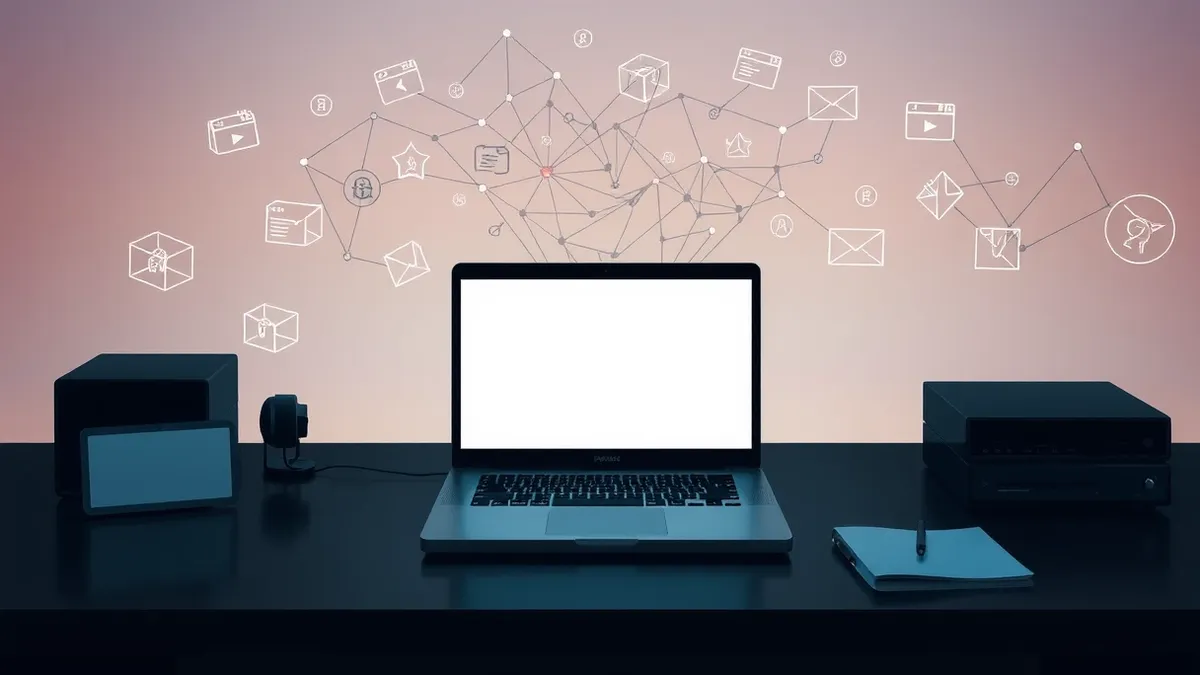 Illustration: A single generic laptop sits on a dark desk, its blank screen casting a faint glow on a tangled web of abstract geometric shapes floating above it.