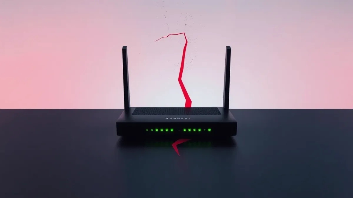 Illustration: A sleek black network router sits isolated on a dark surface.