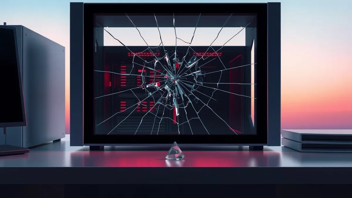 Illustration: A cracked server window sits on a sterile desk, its glass surface splintering outward from a sharp impact point.