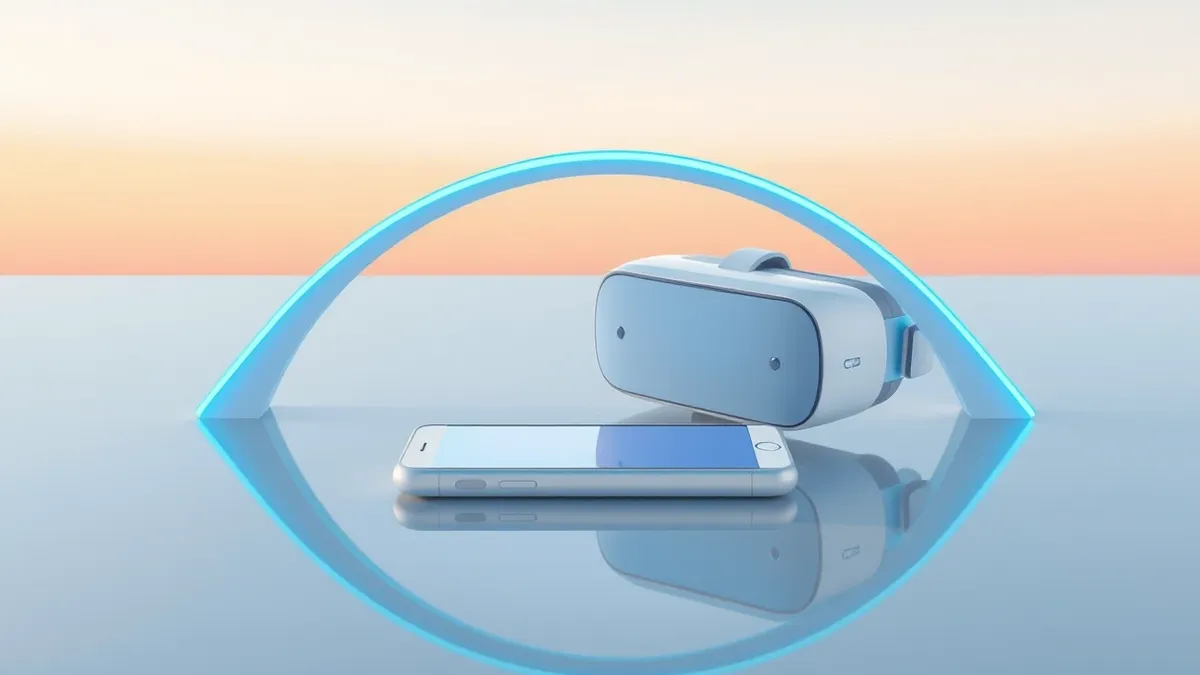 Illustration: A sleek white smartphone rests on a polished table beside a futuristic augmented reality headset.