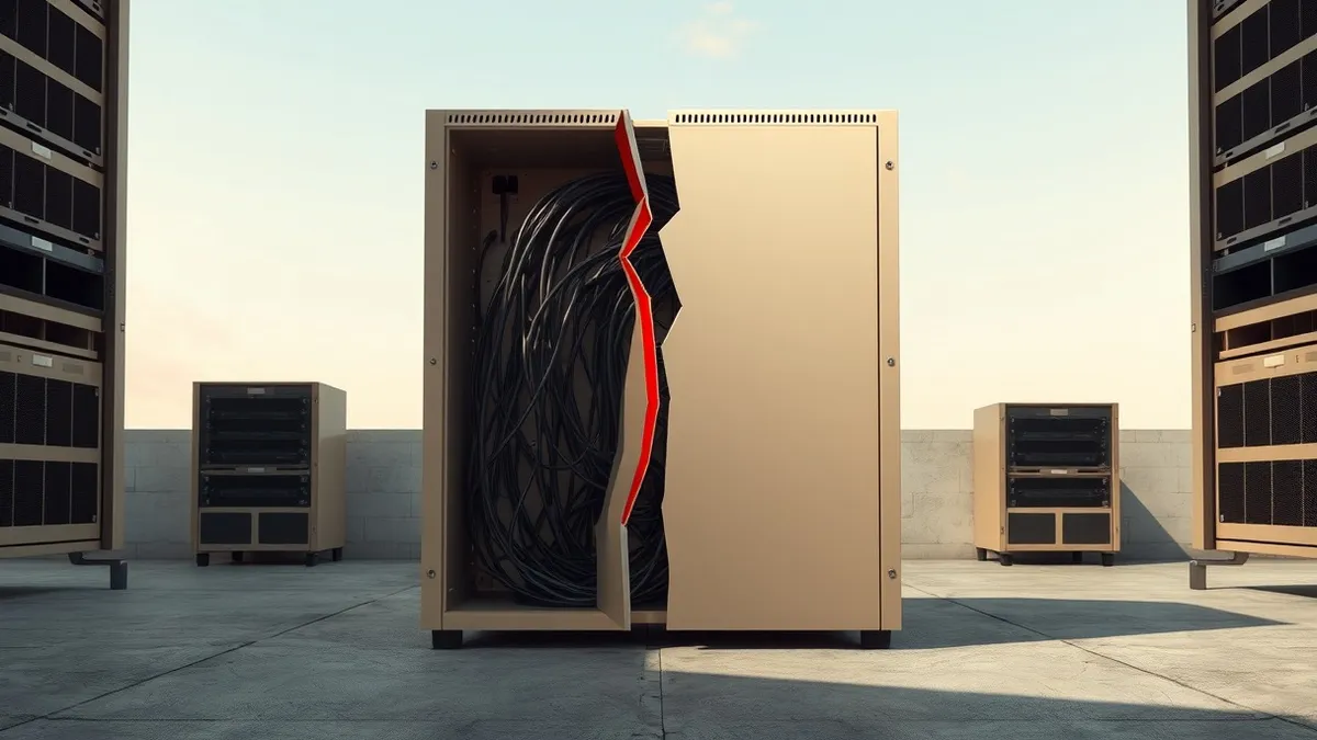 Illustration: A beige rack-mounted network appliance sits on a concrete floor with its front panel facing forward.
