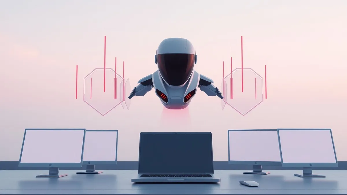Illustration: A sleek autonomous software agent hovers over a digital workspace, surrounded by six translucent geometric shields that deflect incoming red data spikes.