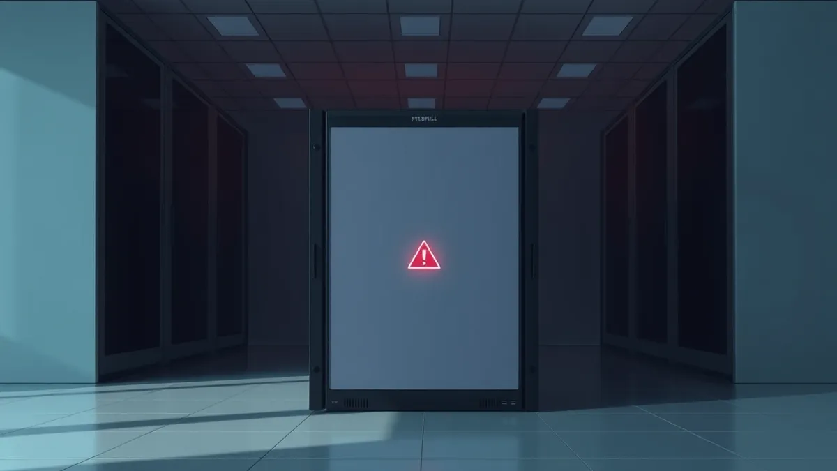 Illustration: A black rack-mounted firewall sits in a dim server room with blinking indicator lights.