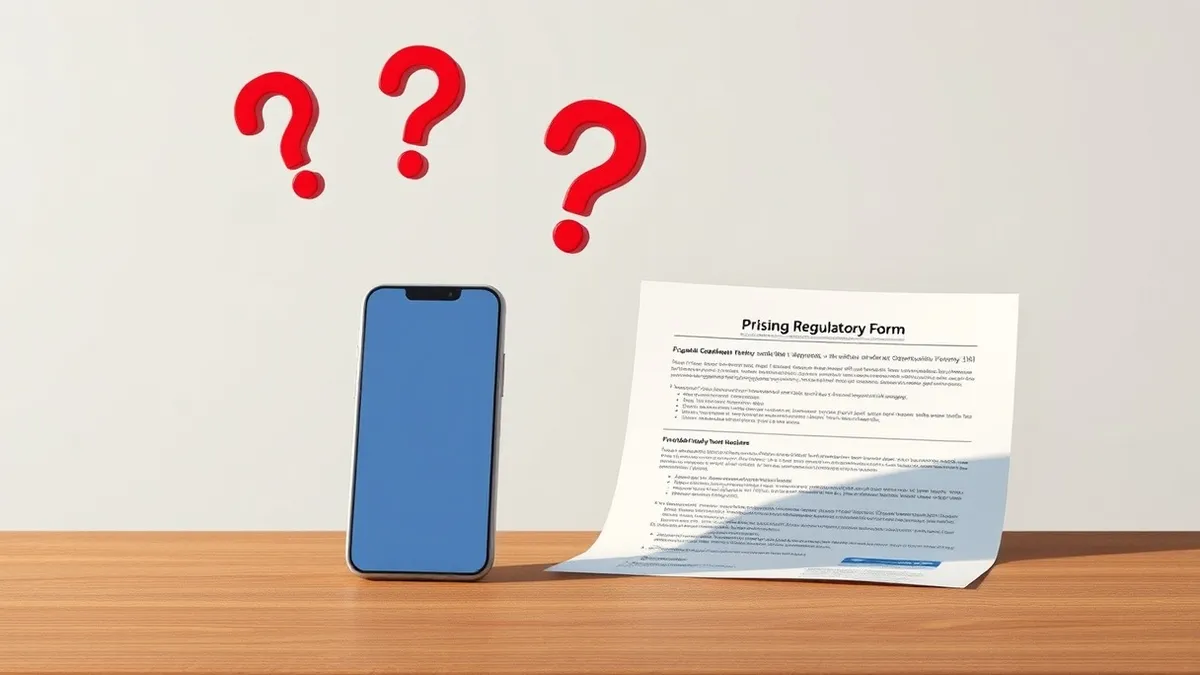 Illustration: A blank mobile phone sits on a wooden desk next to an empty regulatory form.