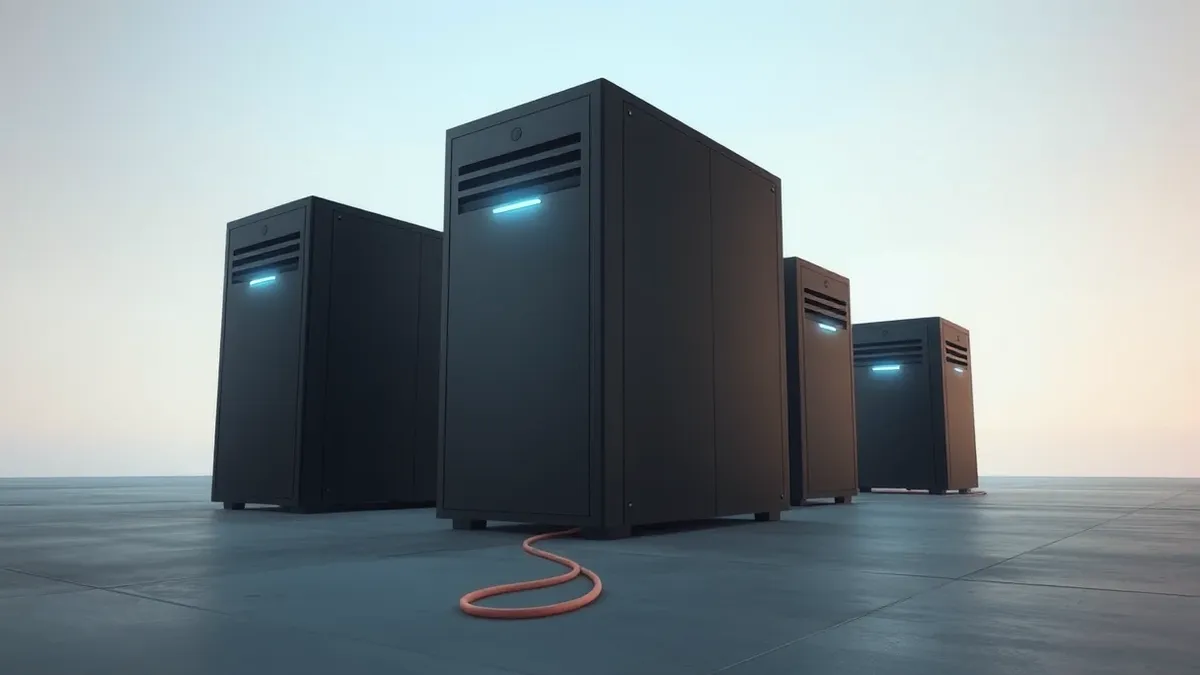 Illustration: A sleek, matte-black server tower with blank front panels sits on a polished concrete floor inside a vast, empty warehouse.
