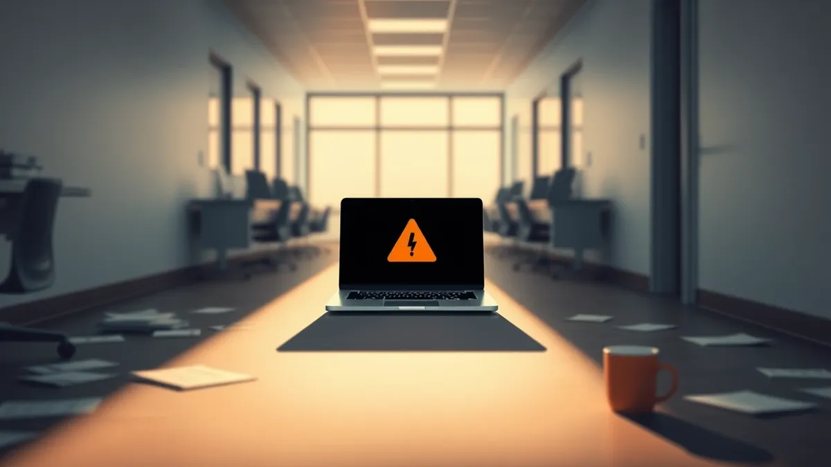 Illustration: A blurred office hallway with empty desks and scattered papers.