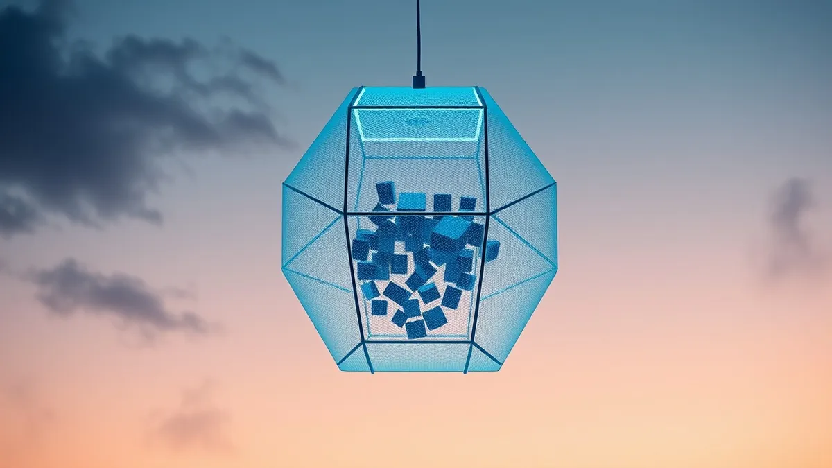 Illustration: A translucent hexagonal cage floats in mid-air, tightly enclosing a cluster of small, floating server icons.