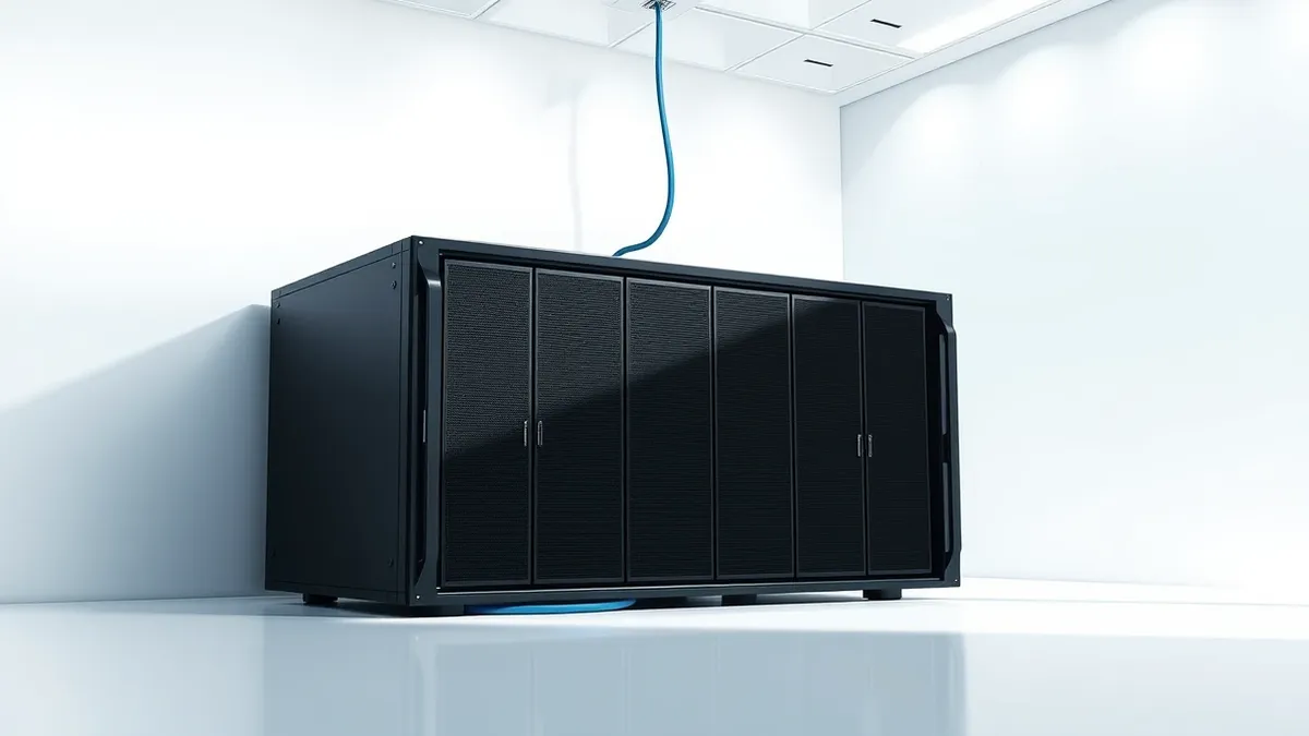 Illustration: A sleek black server chassis sits inside a sterile white room, its blank front panel reflecting soft overhead lights.