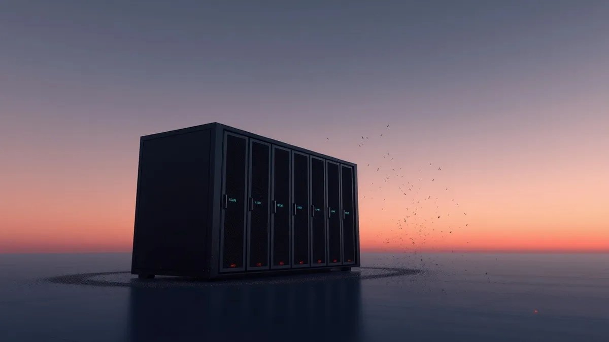Illustration: A sleek, black server blade sits isolated in a dim room, its status lights blinking erratically in red.
