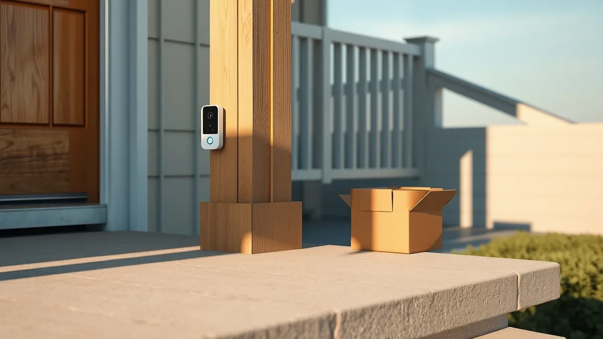 Illustration: A sleek white smart doorbell sits mounted on a wooden porch pillar beside a small camera.