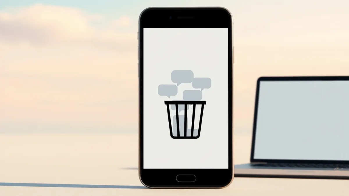 Illustration: A smartphone displays a messaging app interface with a trash can icon on the home screen.