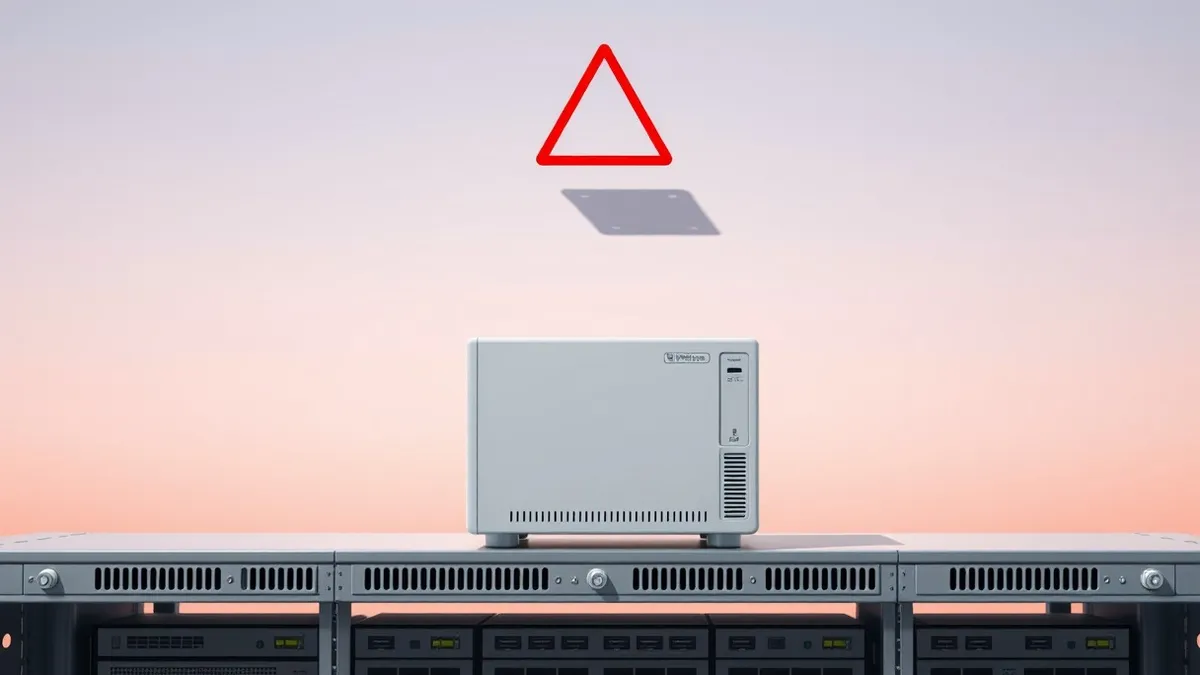 Illustration: A white enterprise network management appliance sits on a server shelf with blank indicator lights.