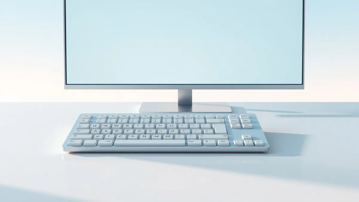 Illustration: A sleek white keyboard sits on a clean desk next to a single blue square icon.