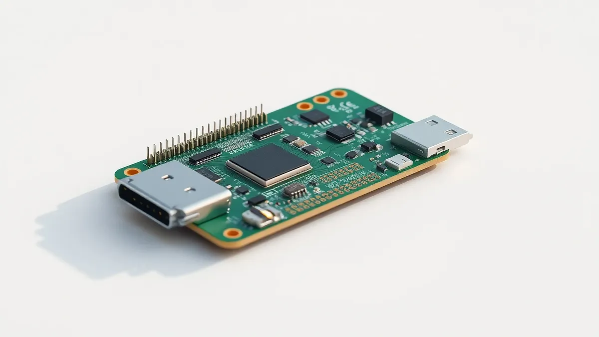 Illustration: A sleek silver microcontroller board rests on a clean white surface.