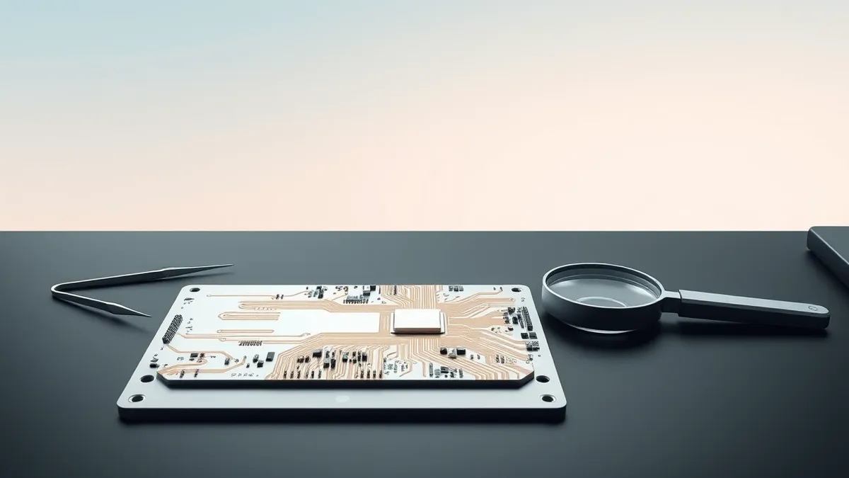 Illustration: A sleek silver circuit board rests on a matte black desk next to a pair of thin metal tweezers and a small magnifying glass.