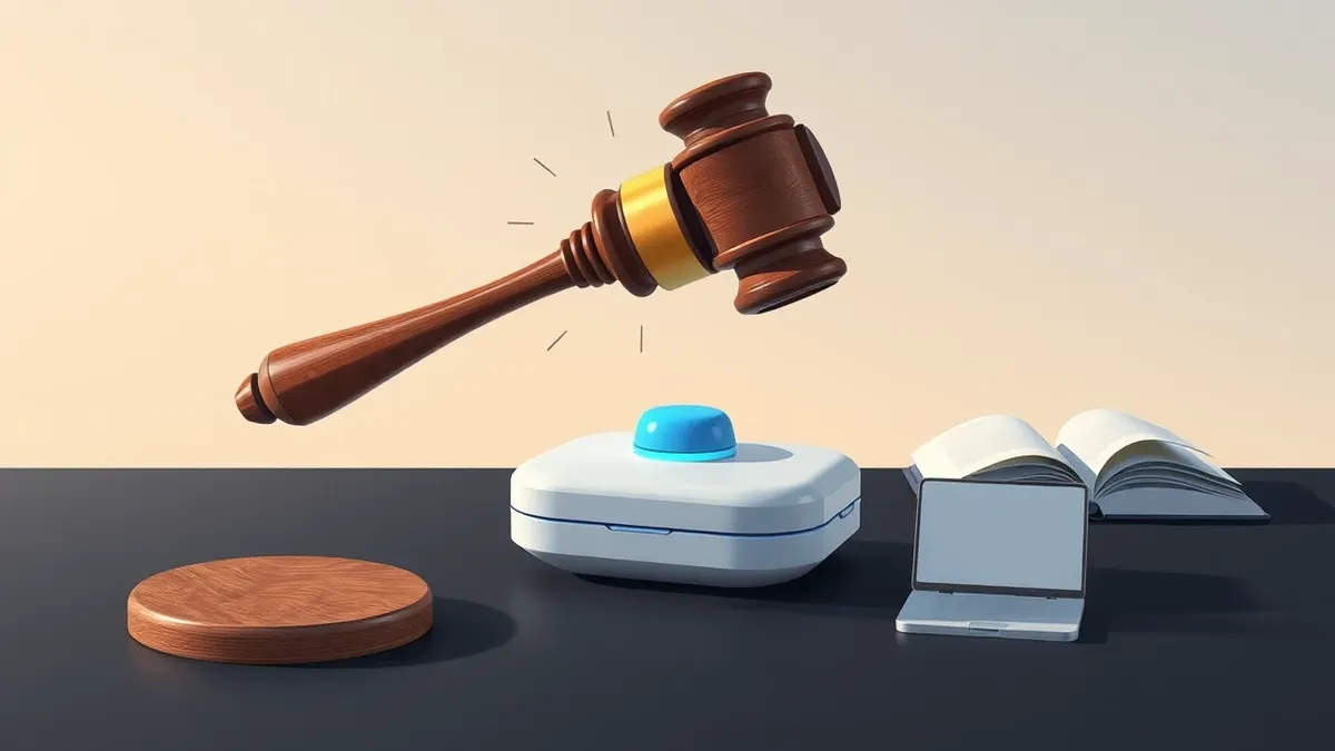 Illustration: A gavel strikes a wooden sounding block, sending shockwaves through a sleek white artificial intelligence device resting on a dark table.